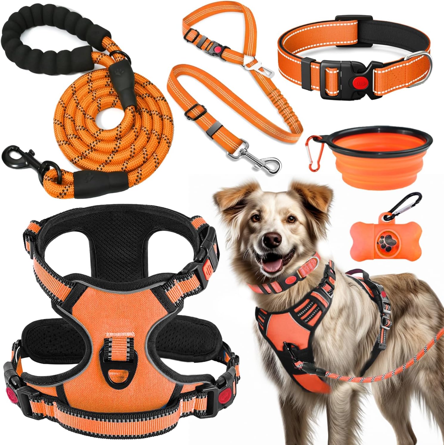 No Pull Dog Harness, Collar & Leash Set | Includes Dog Seat Belt, Collapsible Bowls & Poop Bag Dispenser. Ideal for Training, Walking, Hiking. Fits Small to Large Dogs(Blue-L)