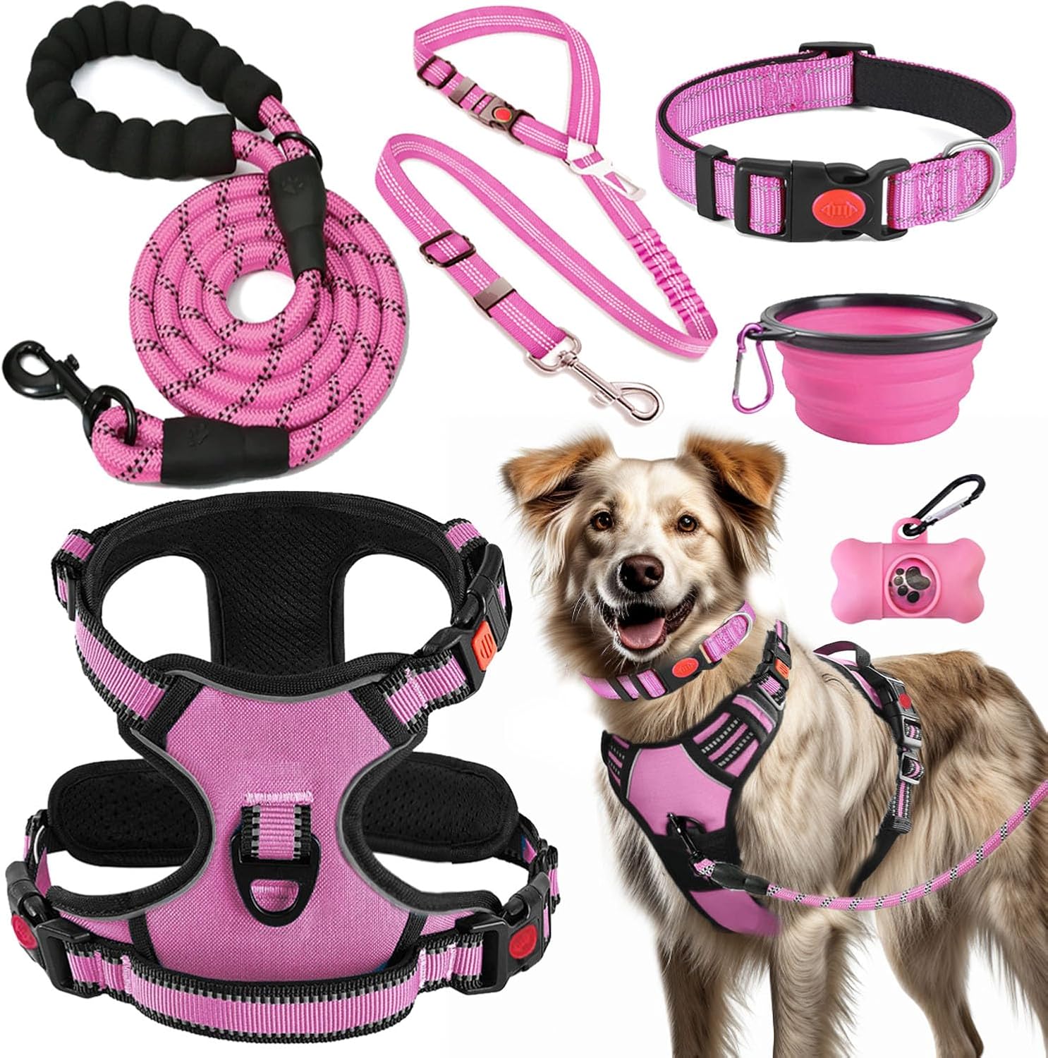 No Pull Dog Harness, Collar & Leash Set | Includes Dog Seat Belt, Collapsible Bowls & Poop Bag Dispenser. Ideal for Training, Walking, Hiking. Fits Small to Large Dogs(Blue-L)