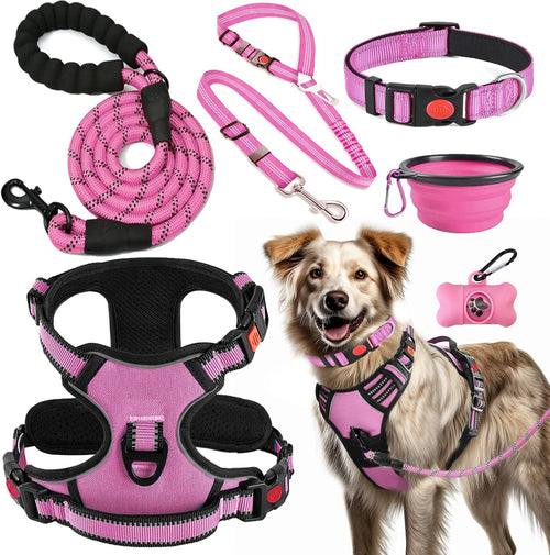 No Pull Dog Harness, Collar & Leash Set | Includes Dog Seat Belt, Collapsible Bowls & Poop Bag Dispenser. Ideal for Training, Walking, Hiking. Fits Small to Large Dogs(Blue-L)